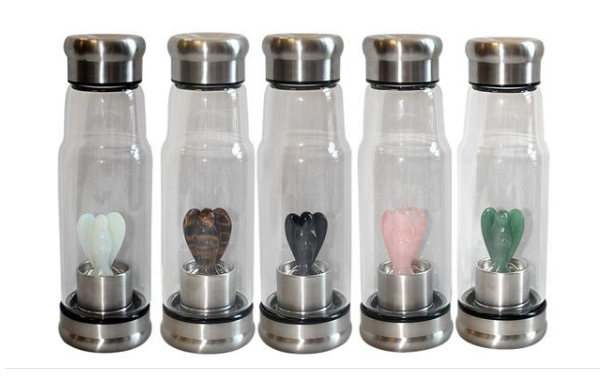 Glass Water Bottle with Natural Crystal Angel Inside -Choose Your Crystal!