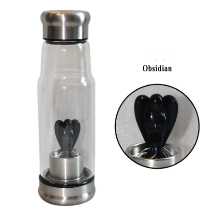 Glass Water Bottle with Natural Crystal Angel Inside -Choose Your Crystal!