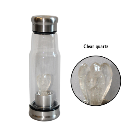 Glass Water Bottle with Natural Crystal Angel Inside -Choose Your Crystal!