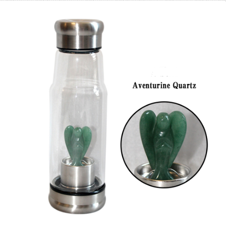 Glass Water Bottle with Natural Crystal Angel Inside -Choose Your Crystal!