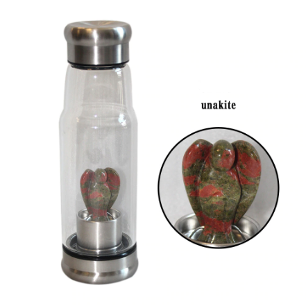 Glass Water Bottle with Natural Crystal Angel Inside -Choose Your Crystal!