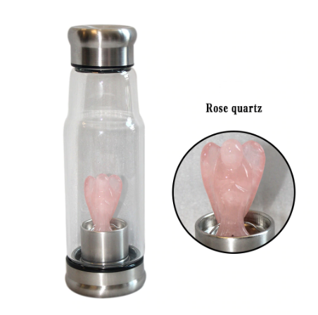 Glass Water Bottle with Natural Crystal Angel Inside -Choose Your Crystal!