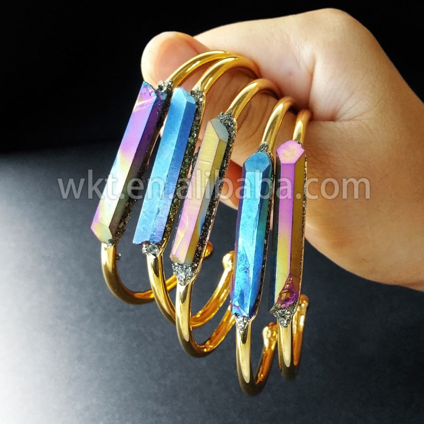 WT-B212 New product fashion bangle Natural raw crystal quartz with color electroplated gold strim colorful stone bangle