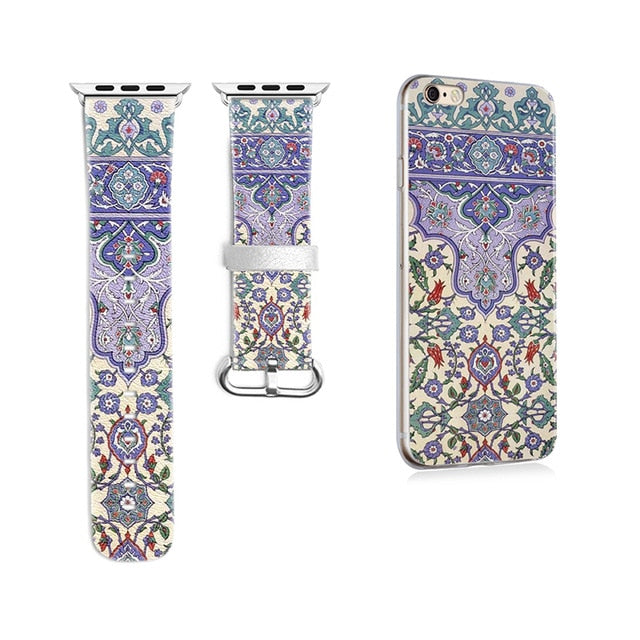 2 Piece Set! Bohemian Leather Watchband for Apple Watch With Matching  iphone Case