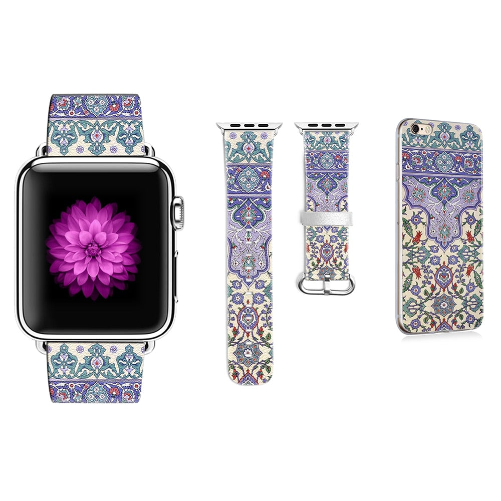 2 Piece Set! Bohemian Leather Watchband for Apple Watch With Matching  iphone Case