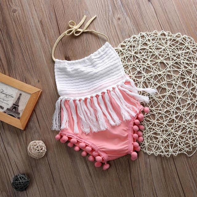 Halt Tassel Sunsuit Romper Baby braided tassel spliced haunch children to wear hair ball.
