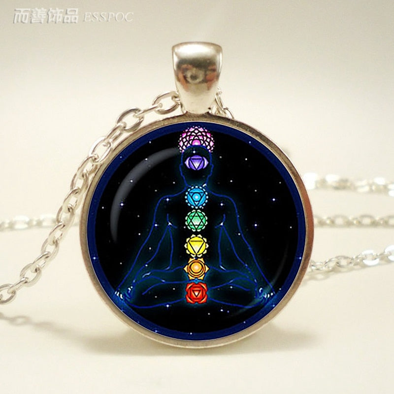 Chakra Symbols Pendant. Chakra Symbols Sign Necklace.  Glass Cabochon Buddhism Indian Jewelry Women