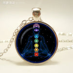 Chakra Symbols Pendant. Chakra Symbols Sign Necklace.  Glass Cabochon Buddhism Indian Jewelry Women