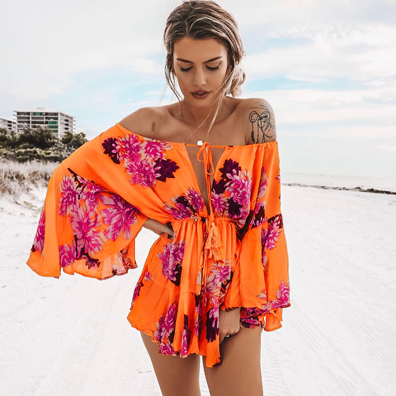 Island Vibes Off The Shoulder Orange Boho Floral Romper