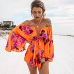 Island Vibes Off The Shoulder Orange Boho Floral Romper