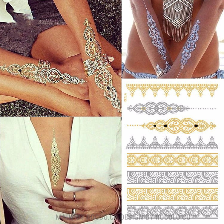 Waterproof Temporary tattoo Sticker gold sliver metallic metalic henna hair tatto  flash tatoo fake tattoos for women 27