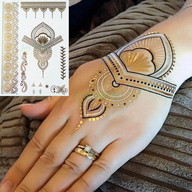 Waterproof Temporary tattoo Sticker gold sliver metallic metalic henna hair tatto  flash tatoo fake tattoos for women 27