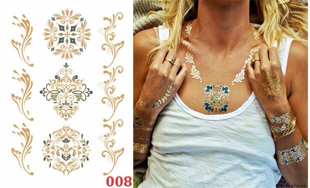 Waterproof Temporary tattoo Sticker gold sliver metallic metalic henna hair tatto  flash tatoo fake tattoos for women 27