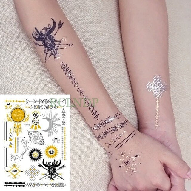 Waterproof Temporary tattoo Sticker gold sliver metallic metalic henna hair tatto  flash tatoo fake tattoos for women 27