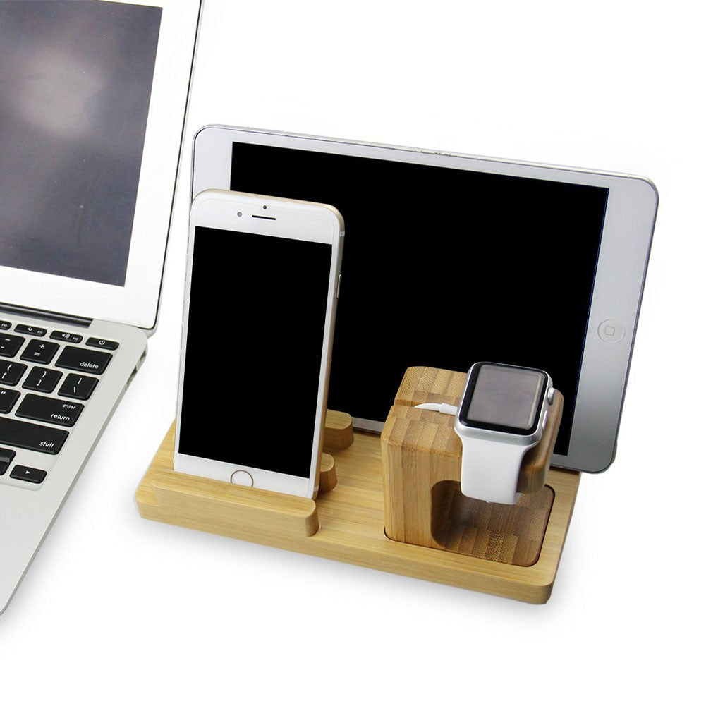4-in-1 Bamboo Multifunctional Docking Station for iPhones, Apple Watches, iPad Mini & Other Smart Devices