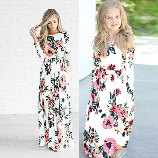 2019 Summer Mother & Kids Long Dress Floral Print Boho Beach Dress Tunic Maxi Dress Women Evening Party Dress Sundress Vestidos