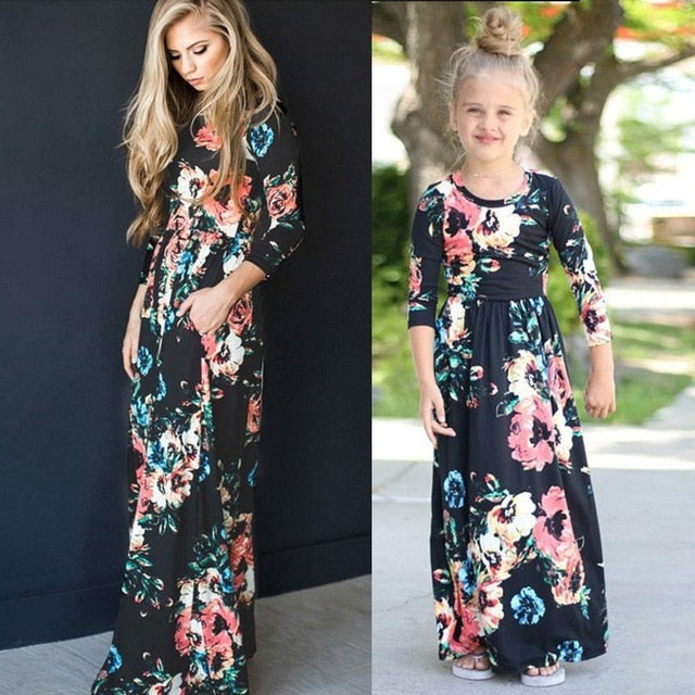 2019 Summer Mother & Kids Long Dress Floral Print Boho Beach Dress Tunic Maxi Dress Women Evening Party Dress Sundress Vestidos