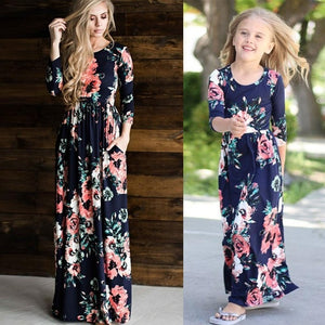 2019 Summer Mother & Kids Long Dress Floral Print Boho Beach Dress Tunic Maxi Dress Women Evening Party Dress Sundress Vestidos