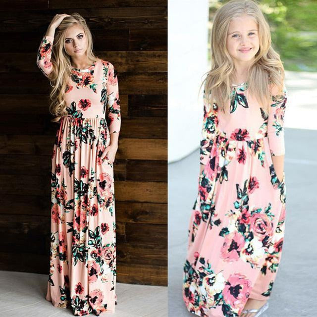 2019 Summer Mother & Kids Long Dress Floral Print Boho Beach Dress Tunic Maxi Dress Women Evening Party Dress Sundress Vestidos