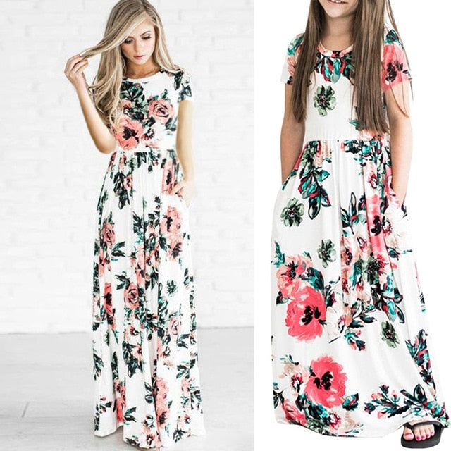 2019 Summer Mother & Kids Long Dress Floral Print Boho Beach Dress Tunic Maxi Dress Women Evening Party Dress Sundress Vestidos