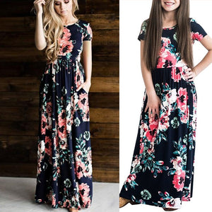 2019 Summer Mother & Kids Long Dress Floral Print Boho Beach Dress Tunic Maxi Dress Women Evening Party Dress Sundress Vestidos