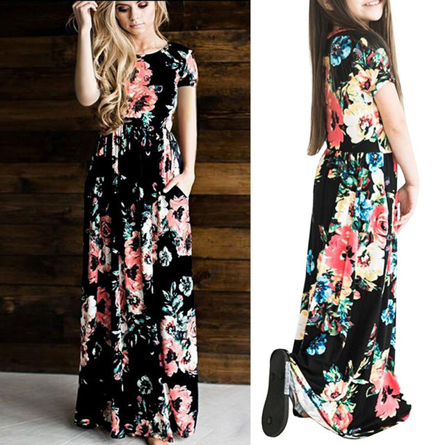 2019 Summer Mother & Kids Long Dress Floral Print Boho Beach Dress Tunic Maxi Dress Women Evening Party Dress Sundress Vestidos