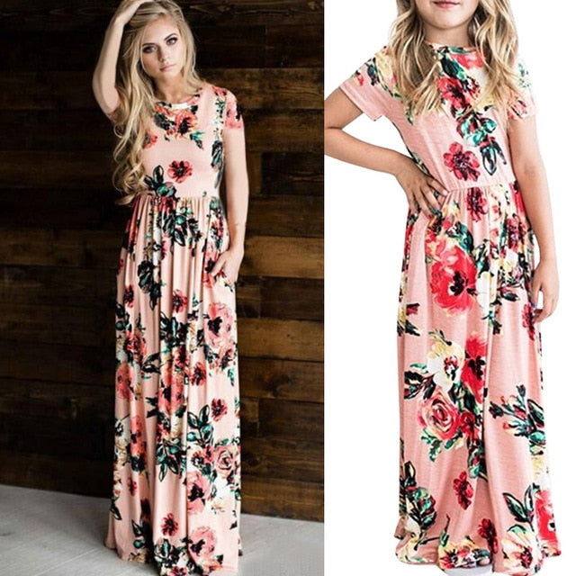 2019 Summer Mother & Kids Long Dress Floral Print Boho Beach Dress Tunic Maxi Dress Women Evening Party Dress Sundress Vestidos