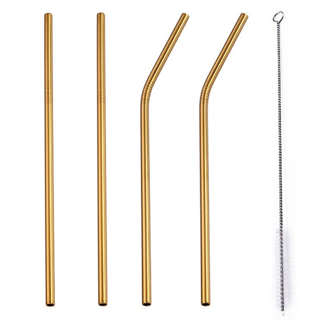 4 Pcs Set Stainless Steel Metal Drinking Reusable Straws -Straight, Bent or Mixed!