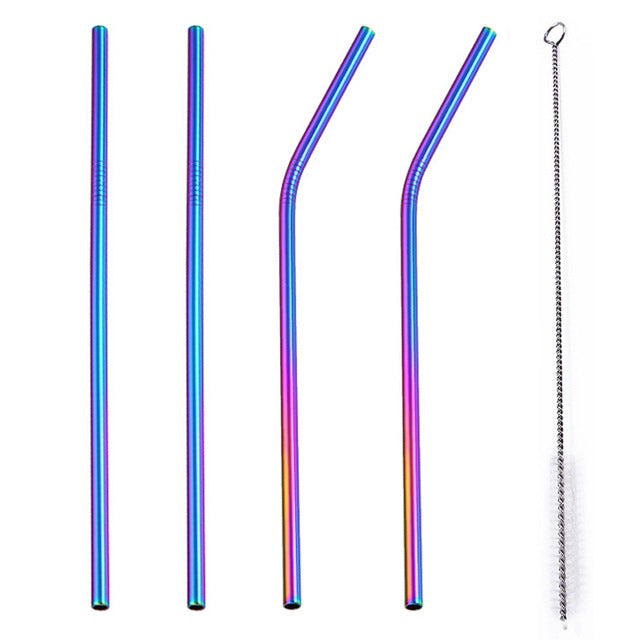 4 Pcs Set Stainless Steel Metal Drinking Reusable Straws -Straight, Bent or Mixed!