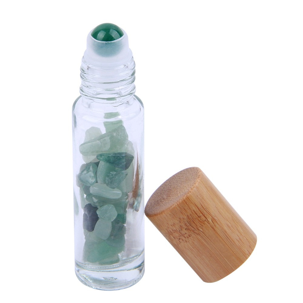 Natural Crystal & Glass 10 ml Essential Oil Roller Ball Vial With Bamboo Cap & Crystal Chips Inside