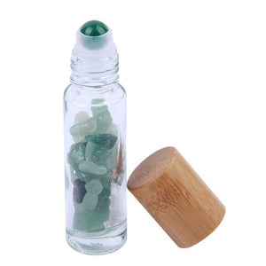 Natural Crystal & Glass 10 ml Essential Oil Roller Ball Vial With Bamboo Cap & Crystal Chips Inside