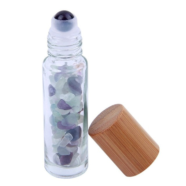 Natural Crystal & Glass 10 ml Essential Oil Roller Ball Vial With Bamboo Cap & Crystal Chips Inside