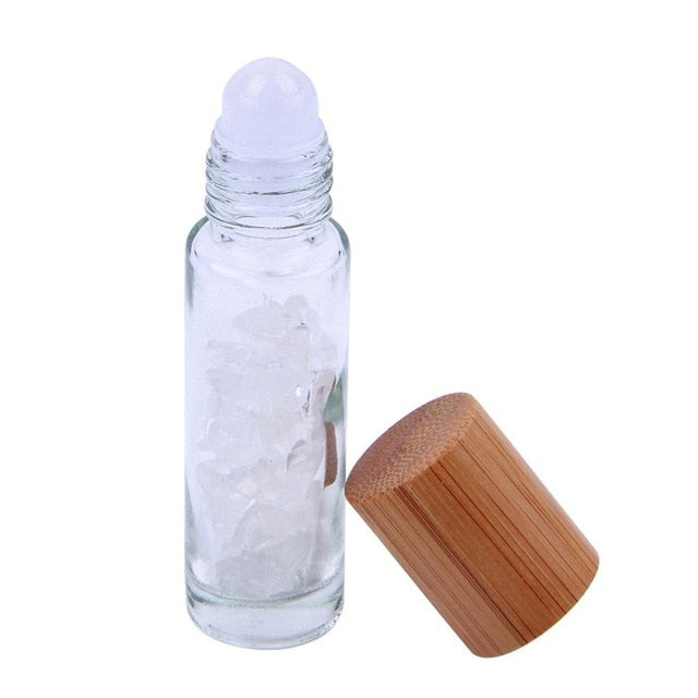 Natural Crystal & Glass 10 ml Essential Oil Roller Ball Vial With Bamboo Cap & Crystal Chips Inside