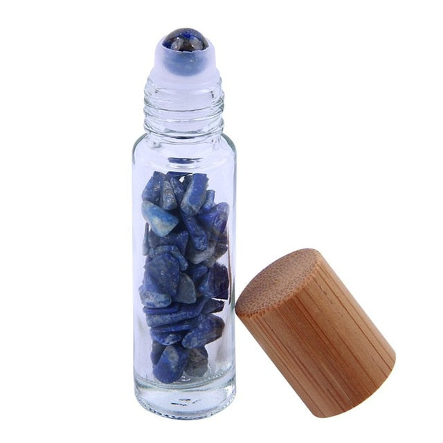 Natural Crystal & Glass 10 ml Essential Oil Roller Ball Vial With Bamboo Cap & Crystal Chips Inside