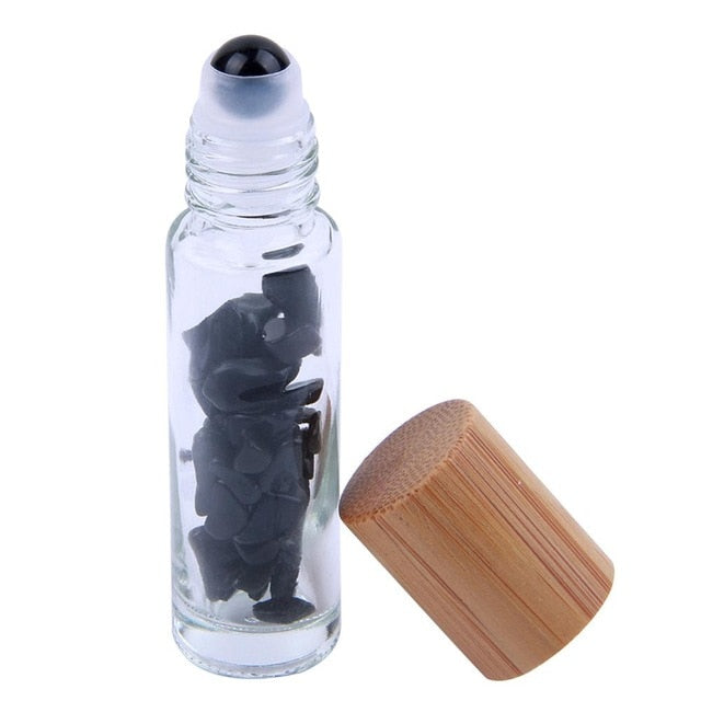 Natural Crystal & Glass 10 ml Essential Oil Roller Ball Vial With Bamboo Cap & Crystal Chips Inside