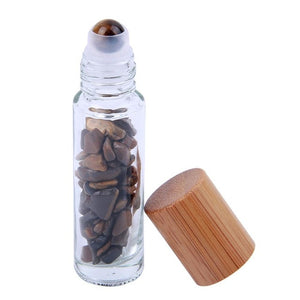 Natural Crystal & Glass 10 ml Essential Oil Roller Ball Vial With Bamboo Cap & Crystal Chips Inside