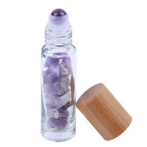 Natural Crystal & Glass 10 ml Essential Oil Roller Ball Vial With Bamboo Cap & Crystal Chips Inside