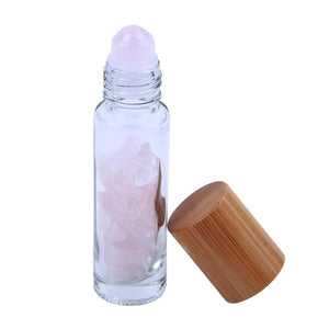 Natural Crystal & Glass 10 ml Essential Oil Roller Ball Vial With Bamboo Cap & Crystal Chips Inside