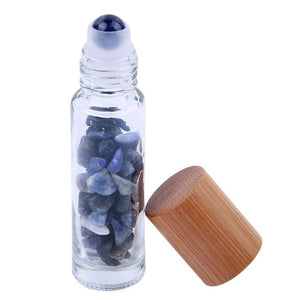 Natural Crystal & Glass 10 ml Essential Oil Roller Ball Vial With Bamboo Cap & Crystal Chips Inside