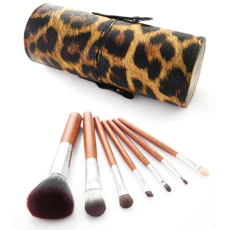 7PCS Makeup Brush Set Leopard Tattoo Makeup Brush Kit Foundation Blusher Eyeshadow Lip Brush Cosmetic Tools Cup Holder Case